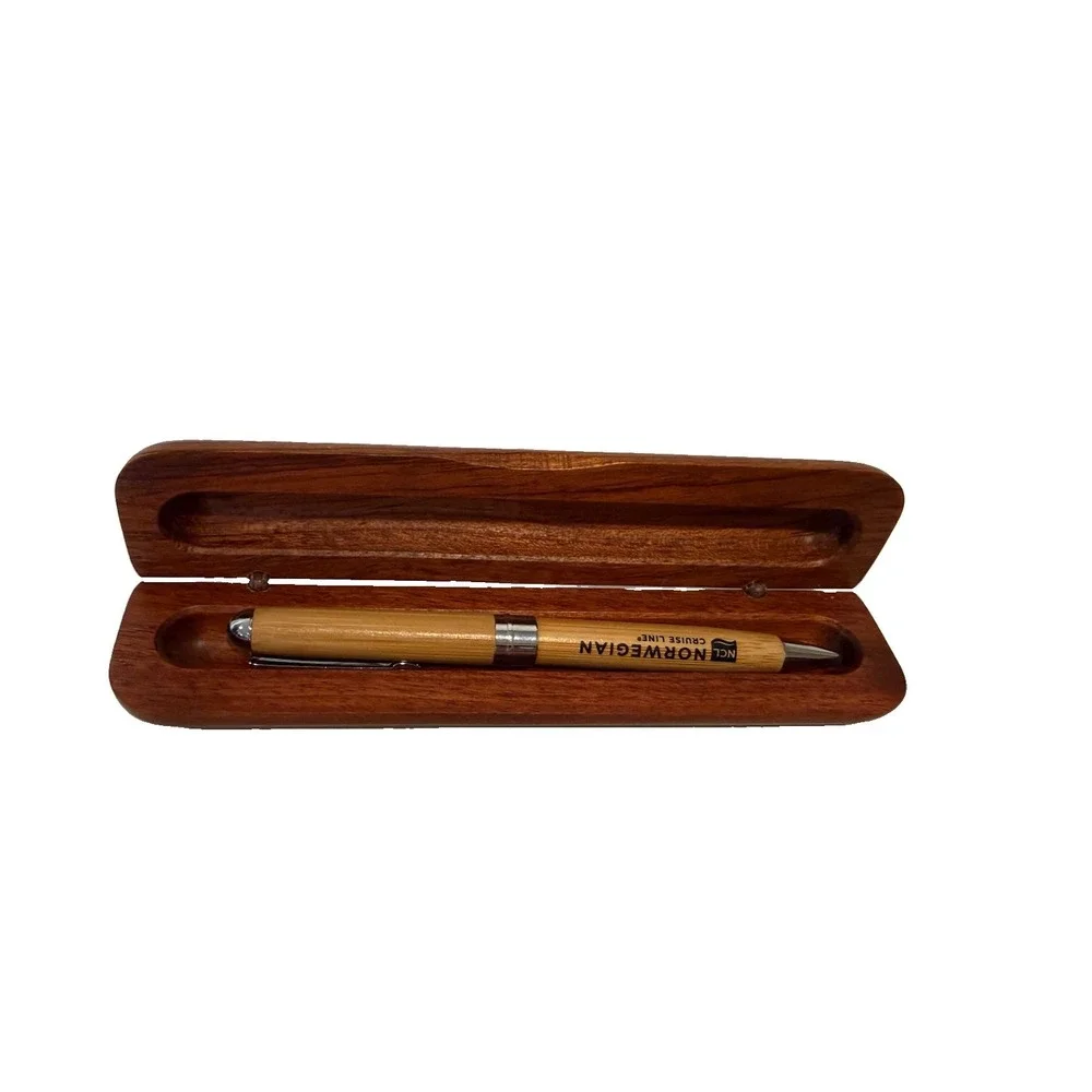 Vintage Norwegian Cruise Line NCL Wooden Bamboo Pen & Display Case Souvenir